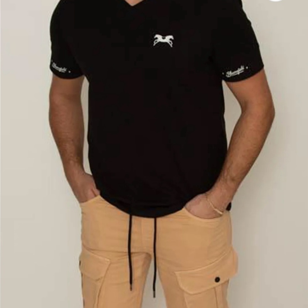 Black V-Neck T-Shirt with white logo.
